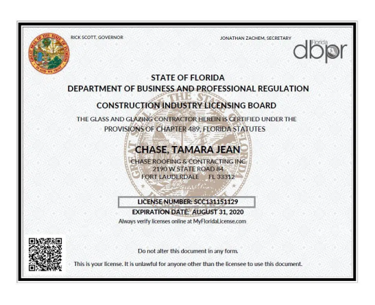 Sobre nosotros: Un Certificado del Estado de Florida Departamento de Negocios y Regulación Profesional fue emitido a Tamara Jean Chase para vidrio y cristal contratista, que expira el 31 de agosto de 2020.