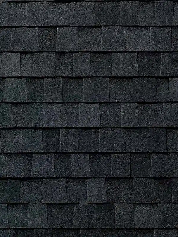 Dark gray asphalt shingles, crafted by top roofing manufacturers, are neatly arranged in an overlapping pattern on the roof.