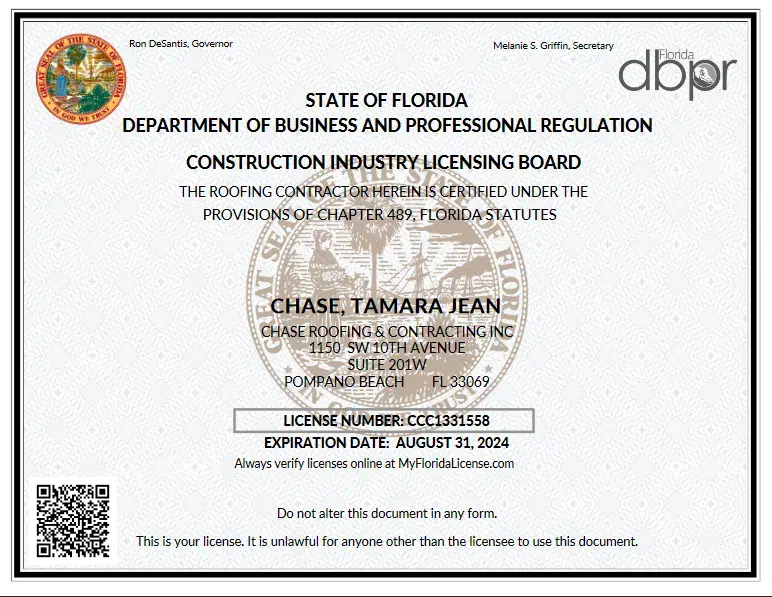 Un certificado de la Junta de Licencias de la Industria de la Construcción del Estado de Florida emitido a Tamara Jean Chase para la contratación de techado, válido hasta el 31 de agosto de 2024. Número de licencia CCC1331558. Obtenga más información sobre nosotros y nuestras cualificaciones profesionales hoy.